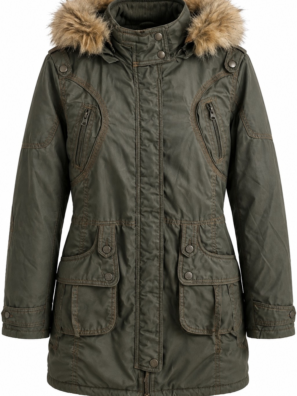 Women's Olive Green Parka Coat with Faux Fur Hood